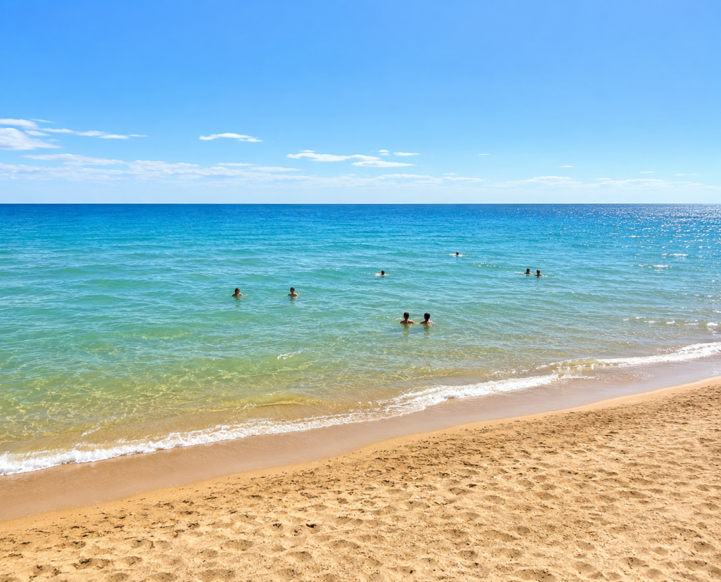 Visitors swimming in the clear waters of Lake Michigan at Weko Beach in Bridgman, Michigan on a sunny summer afternoon.