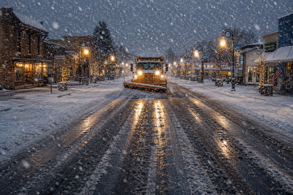 Snowplow clearing Main Street in downtown Bridgman, Michigan during a winter storm.