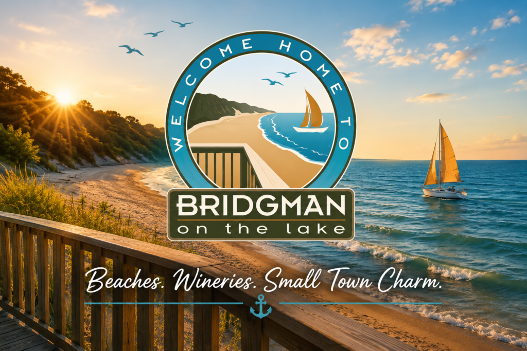 Lake Michigan sunset overlooking the beach in Bridgman, Michigan with sailboats, dunes, and a welcome-to-Bridgman inspired design highlighting beaches, wineries, and small-town charm.