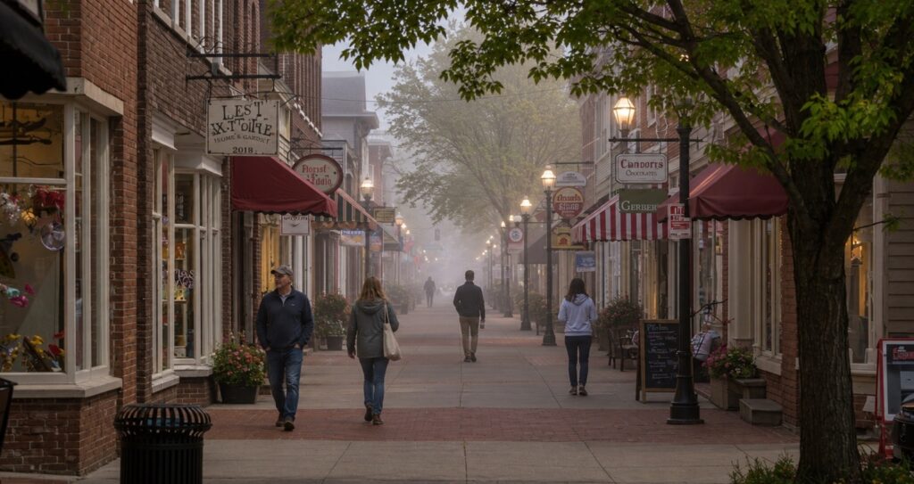 Pedestrians walking along downtown New Buffalo Michigan on a foggy morning with storefronts, brick buildings, and local shops lining the street.