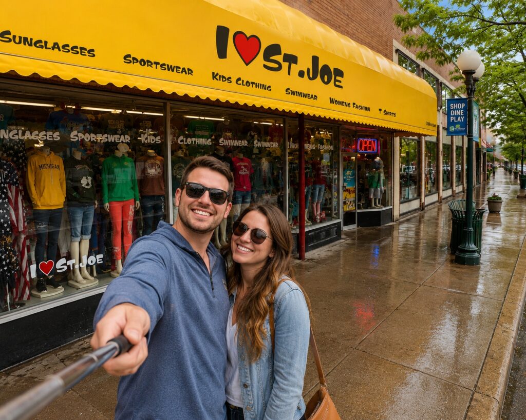 Couple taking a selfie in front of the I Love St. Joe gift shop in downtown Saint Joseph, Michigan beneath the iconic yellow storefront awning.