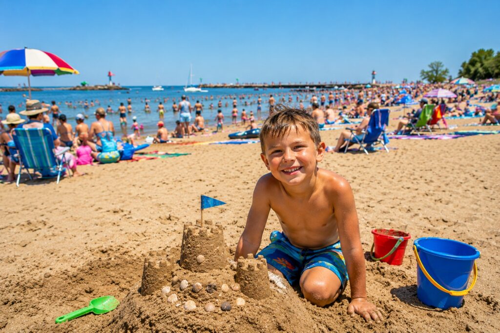 Child building a sandcastle on New Buffalo Beach during a sunny summer day along Lake Michigan.