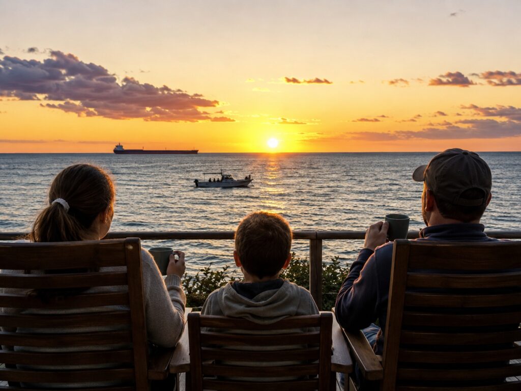 Family enjoying coffee while watching a Lake Michigan sunset in Saint Joseph, Michigan with a fishing boat and distant ore carrier on the horizon.