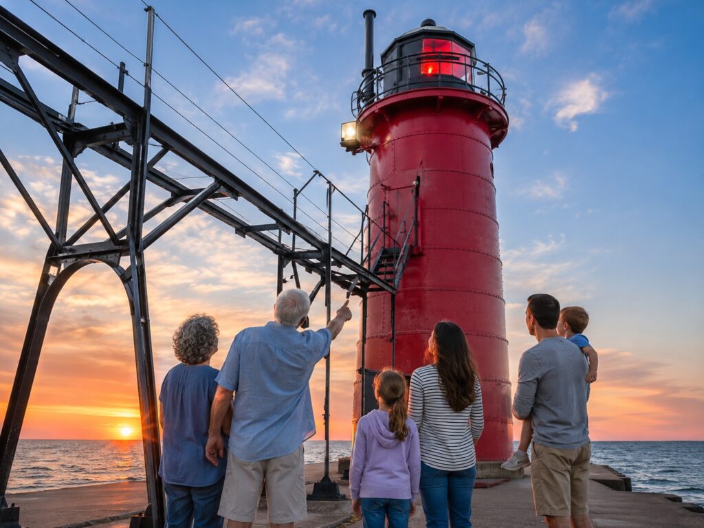 Multi-generational family standing near the South Haven Lighthouse at sunset on Lake Michigan.