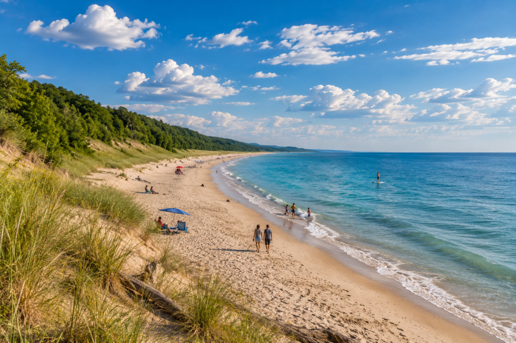 Scenic Southwest Michigan beaches with sandy shoreline, wooded dunes, clear blue Lake Michigan water, and visitors enjoying a summer day.