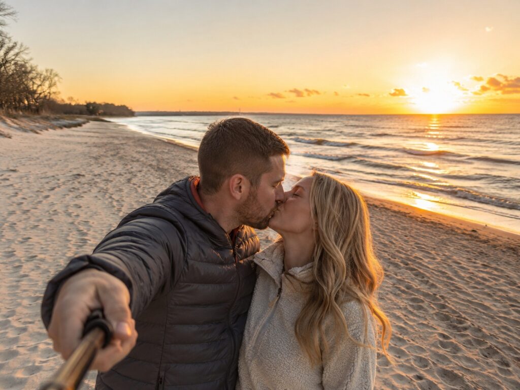 Couple taking a selfie while kissing on a Lake Michigan beach at sunset in Southwest Michigan