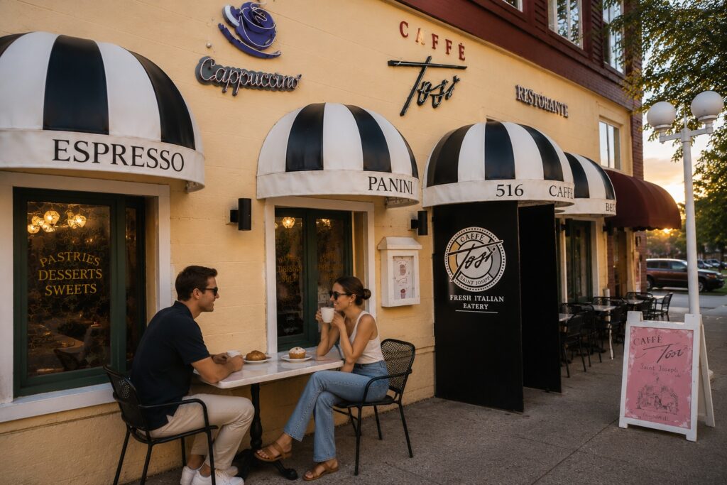 Young couple enjoying coffee and pastries outside Caffè Tosi in downtown Saint Joseph, Michigan during golden hour.