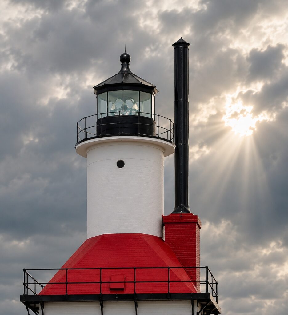 Close-up view of the St. Joseph Lighthouse in Michigan beneath dramatic overcast clouds with sunlight breaking through the sky.