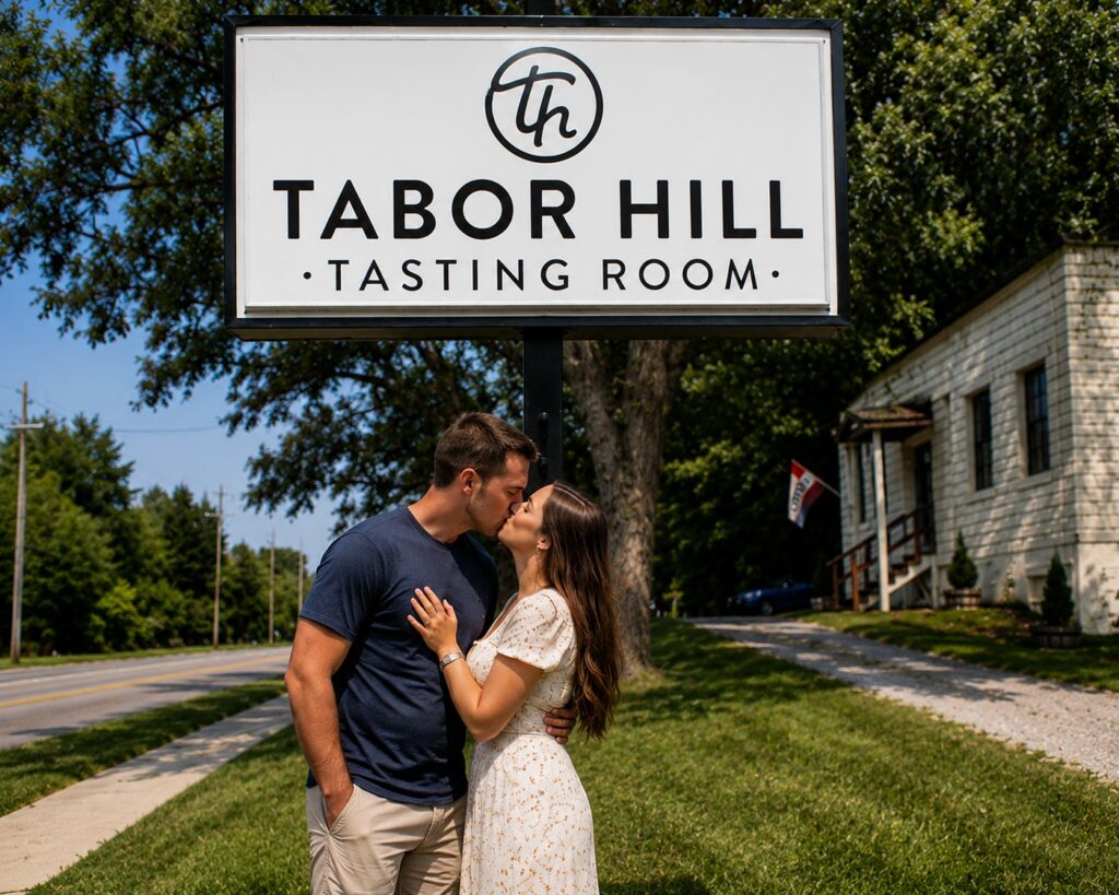 Couple kissing beneath the Tabor Hill Tasting Room sign in Saint Joseph, Michigan.