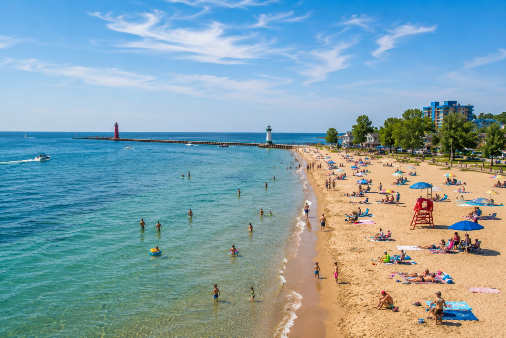 Visitors enjoying a sunny summer day at a Southwest Michigan beach with Lake Michigan, the Saint Joseph North Pier Lights, and the shoreline stretching into the distance. Is one of the many Things To Do In Southwest Michigan