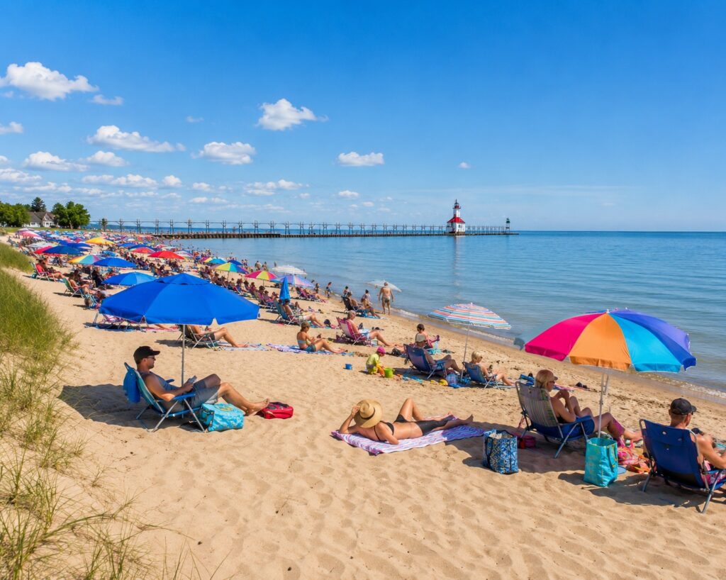 Visitors relaxing on the sandy beach at Tiscornia Park in Saint Joseph, Michigan with calm Lake Michigan waters and the St. Joseph Lighthouse visible in the distance.