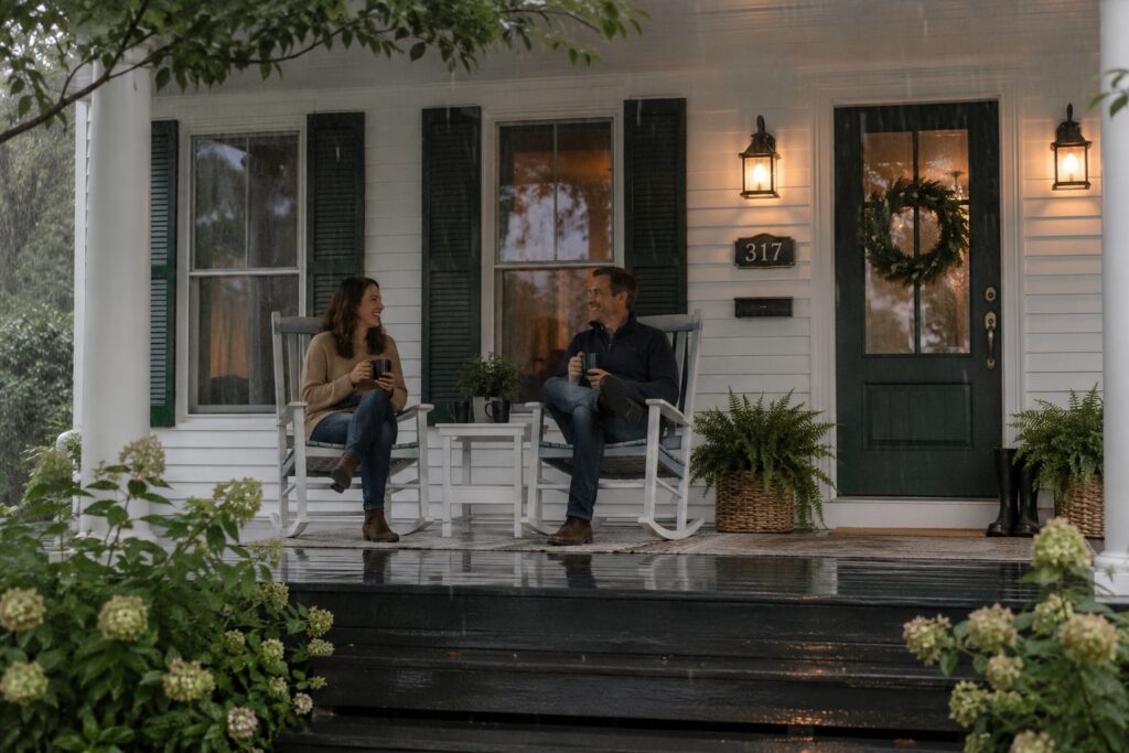 Couple relaxing with coffee on the covered porch of a Southwest Michigan vacation rental during a peaceful rainy evening and it is one of the many places of where to stay in Southwest Michigan.