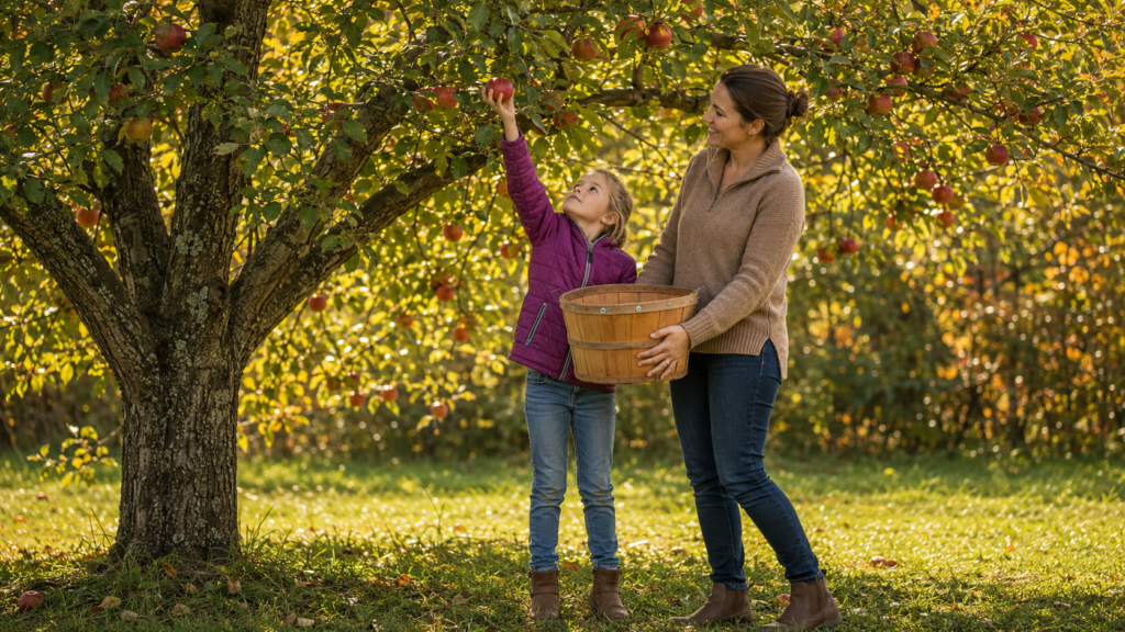 Mother holding a harvest basket as her child picks an apple during fall in Southwest Michigan.