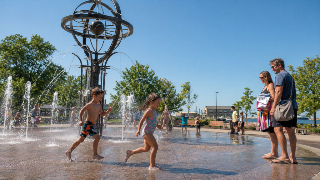 Two children running through the Whirlpool Compass Fountain while their parents watch in Saint Joseph, Michigan.