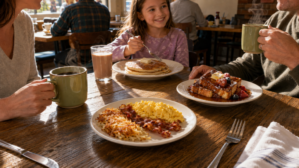 Family enjoying pancakes, French toast, eggs, bacon, and hash browns at a Southwest Michigan breakfast restaurant