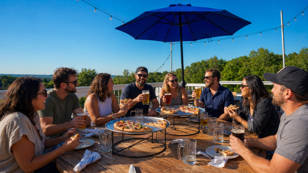 Friends sharing craft beer and pizza at an outdoor Southwest Michigan brewery. One of the many Southwest Michigan Breweries.