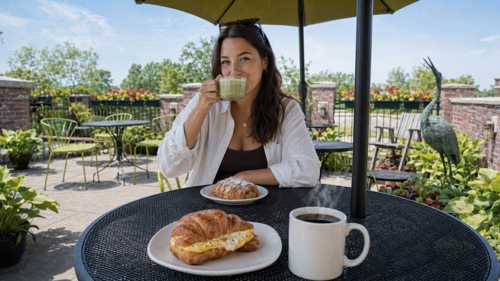 Woman sipping matcha with pastries and coffee at an outdoor Southwest Michigan café