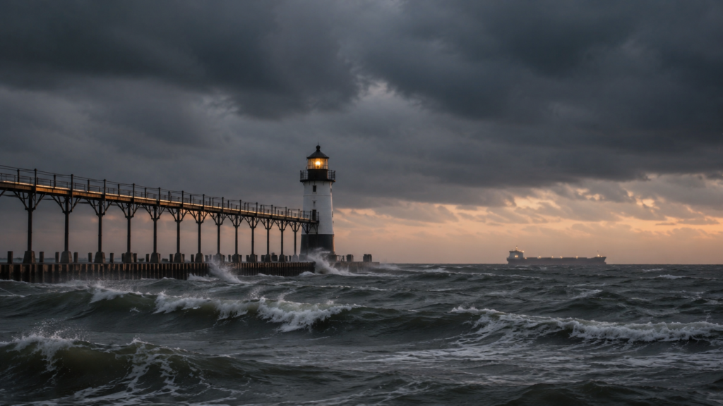 Storm clouds gather over the St. Joseph North Pier Lighthouse in Southwest Michigan as waves crash against the pier and a freighter sails in the distance.