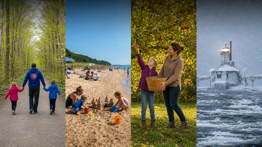 Four-panel Southwest Michigan seasonal guide showing a spring trail, summer beach, fall apple picking, and winter lighthouse