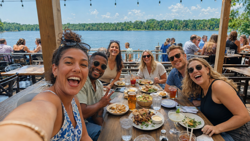 Group of friends taking a selfie while dining at a Southwest Michigan waterfront restaurant.