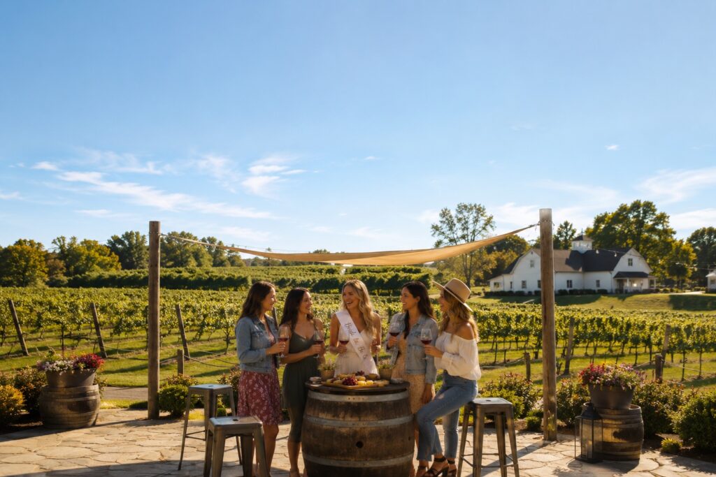 Friends celebrating a bachelorette party at a Southwest Michigan vineyard patio overlooking rows of grapevines and a winery on a sunny afternoon. At one of the many Southwest Michigan Wineries
