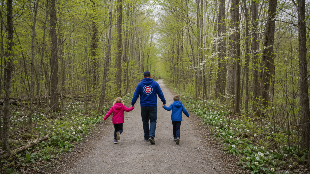 Father and two children walking along a wildflower-lined nature trail during spring in Southwest Michigan