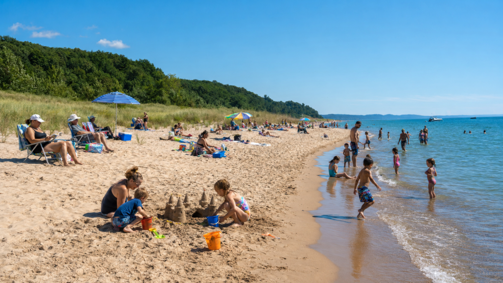 Families sunbathing, building sandcastles, and playing in the water during summer in Southwest Michigan