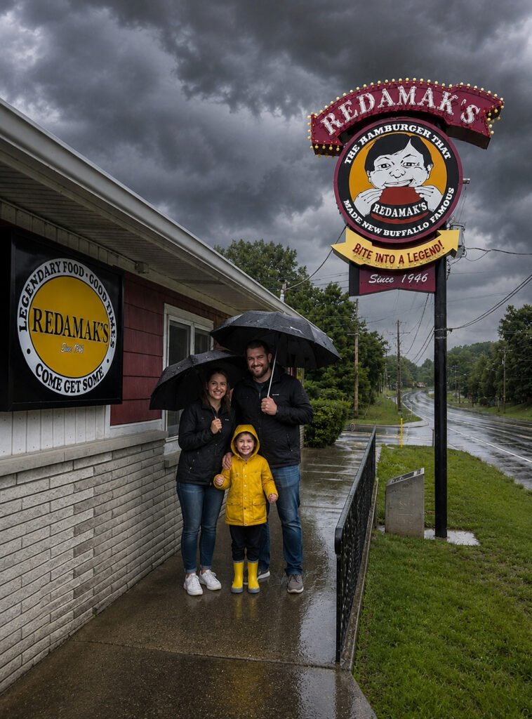 Family standing under umbrellas outside Redamak’s in New Buffalo during a rainy Southwest Michigan day