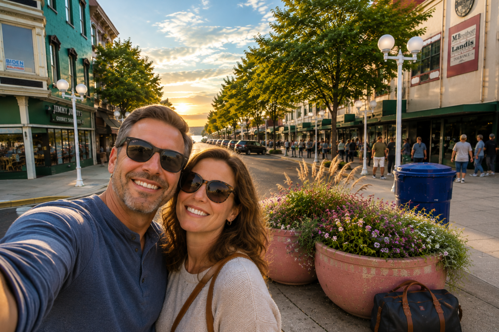 Couple taking a selfie in downtown Saint Joseph Michigan near flower planters at sunset