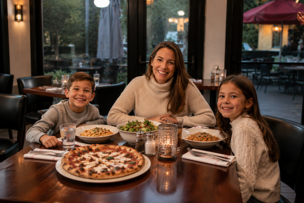 Family posing for a photo over pizza, pasta and salad at Brewster’s in New Buffalo, Michigan