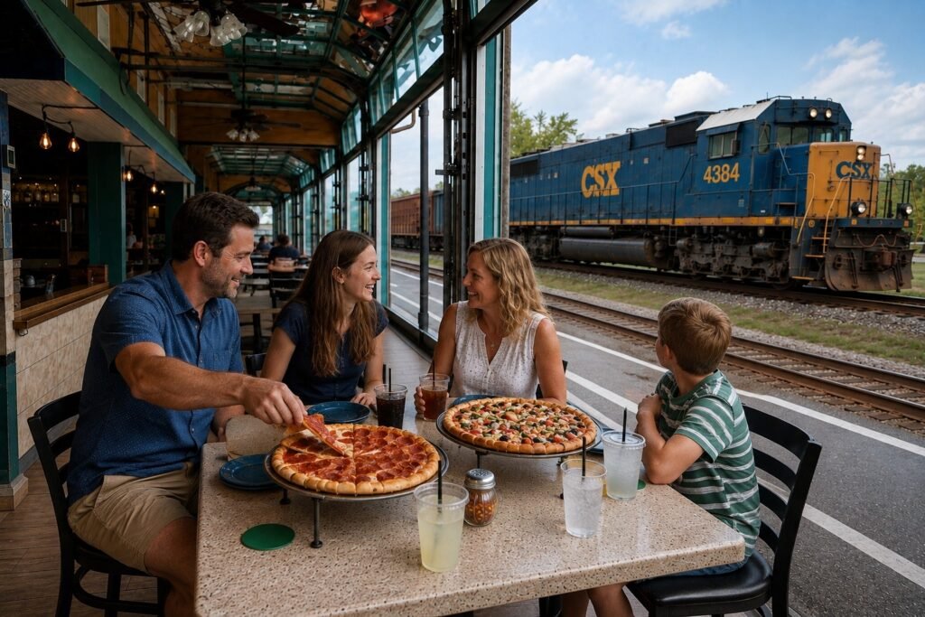 Family eating pizza at Silver Beach Pizza in Saint Joseph Michigan as a train passes beside the restaurant
