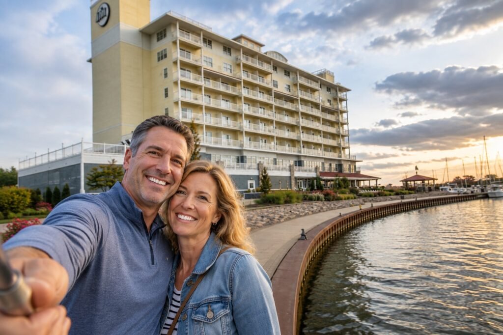 Couple taking a selfie beside the harbor at The Inn at Harbor Shores in St. Joseph, Michigan