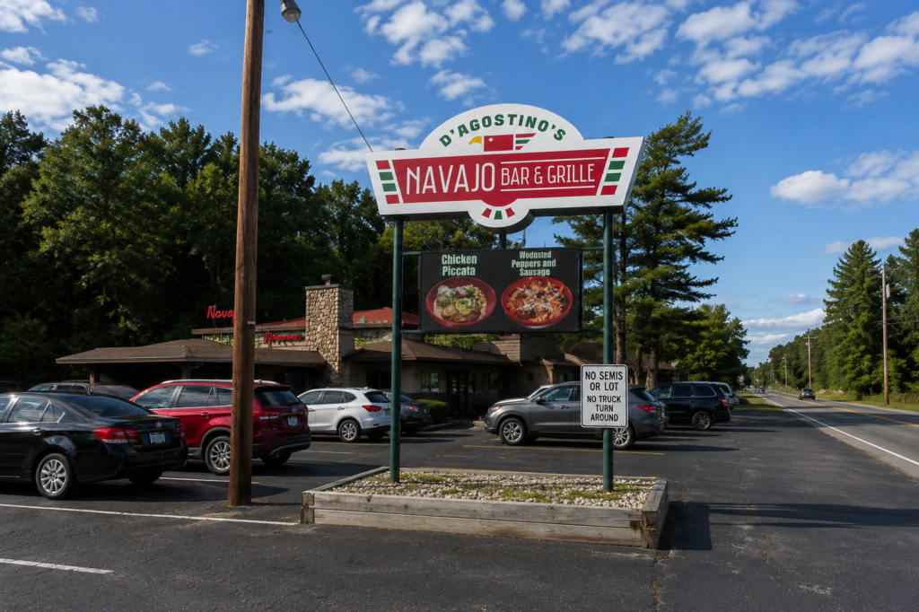 D’Agostino’s Navajo Bar & Grille sign and restaurant along Red Arrow Highway in Bridgman, Michigan