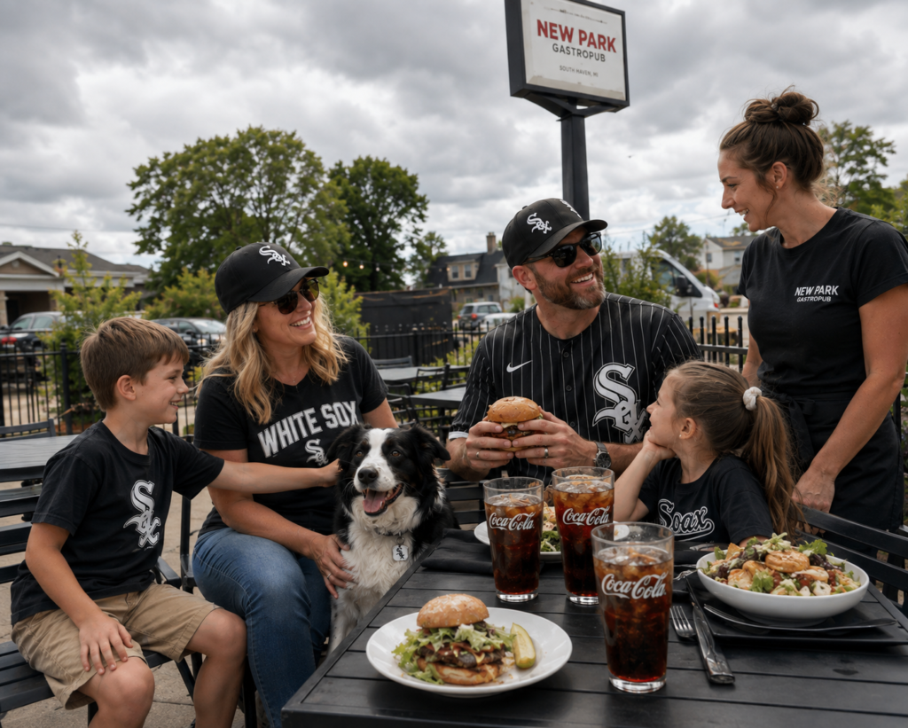 Family dining with their Border Collie on the outdoor patio at New Park Gastropub in South Haven, Michigan