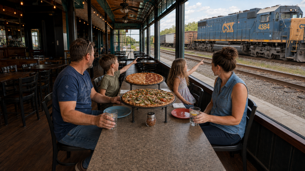 Family sharing two pizzas at a Southwest Michigan restaurant as a train passes outside the window