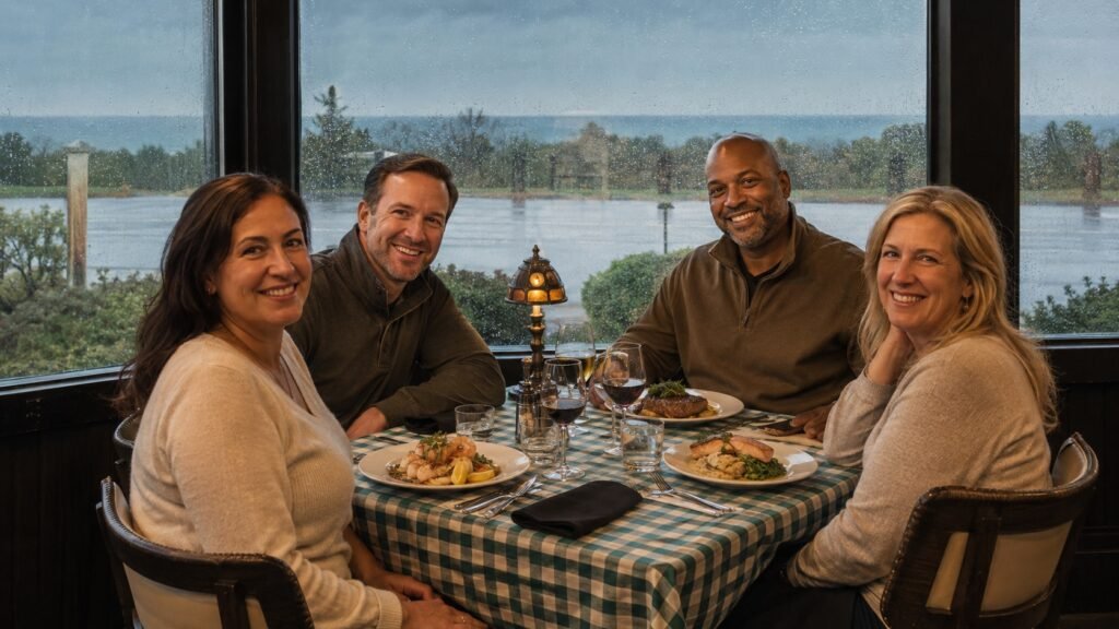 Group of friends smiling at a window table during a rainy dinner at Grande Mere Inn in Southwest Michigan