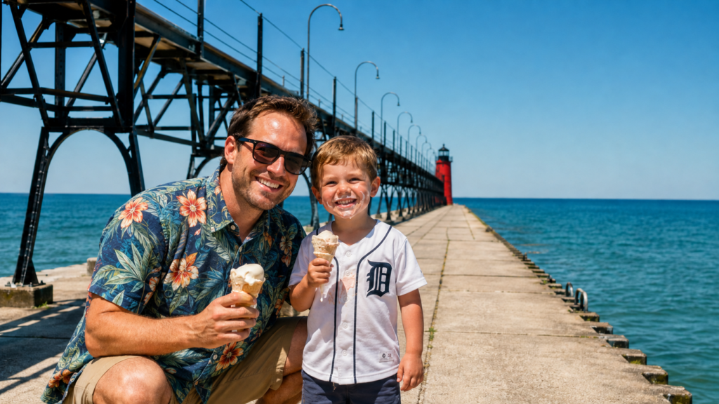 Father and young son enjoying ice cream near the red South Haven lighthouse in Southwest Michigan