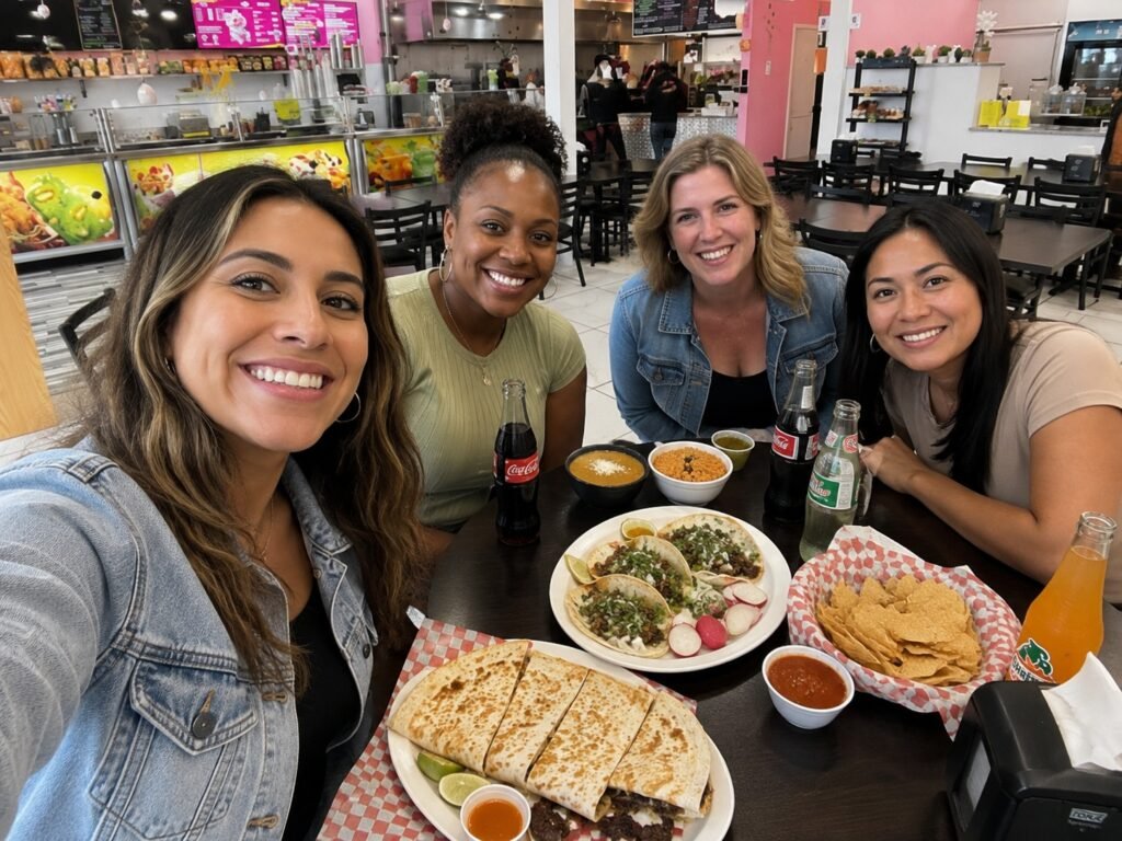 Four women taking a selfie over tacos and Mexican food at La Perla Produce in Benton Harbor, Michigan.