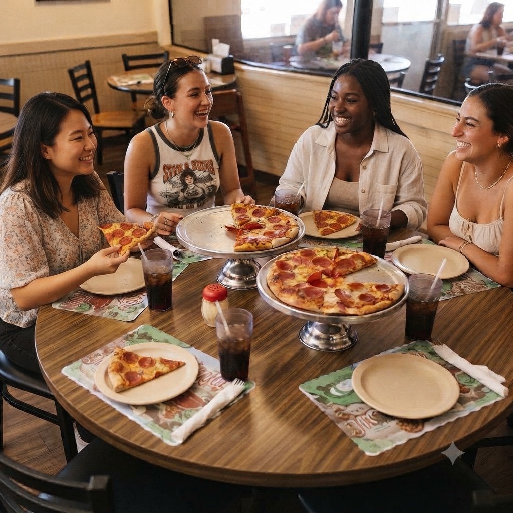 Friends sharing pepperoni pizzas at a casual Southwest Michigan restaurant