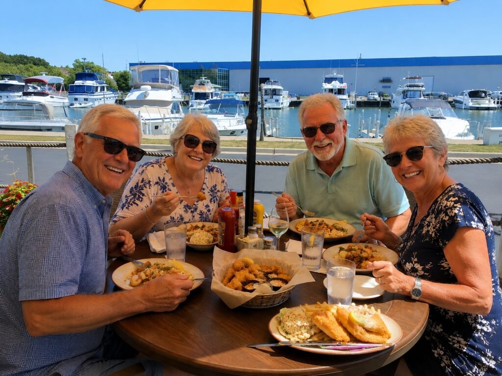 Older friends enjoying seafood at Clementine’s Too in St. Joseph, Michigan, overlooking the marina.
