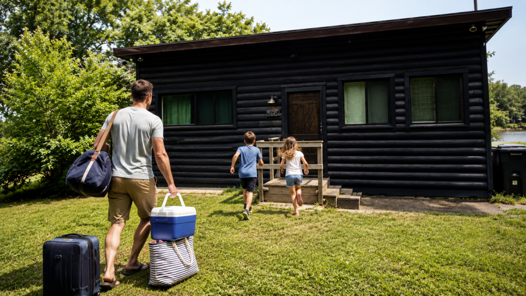 Family arriving with luggage at a vacation rental cabin in Southwest Michigan