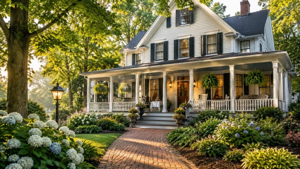 Historic-style bed and breakfast with a covered porch and gardens in Southwest Michigan