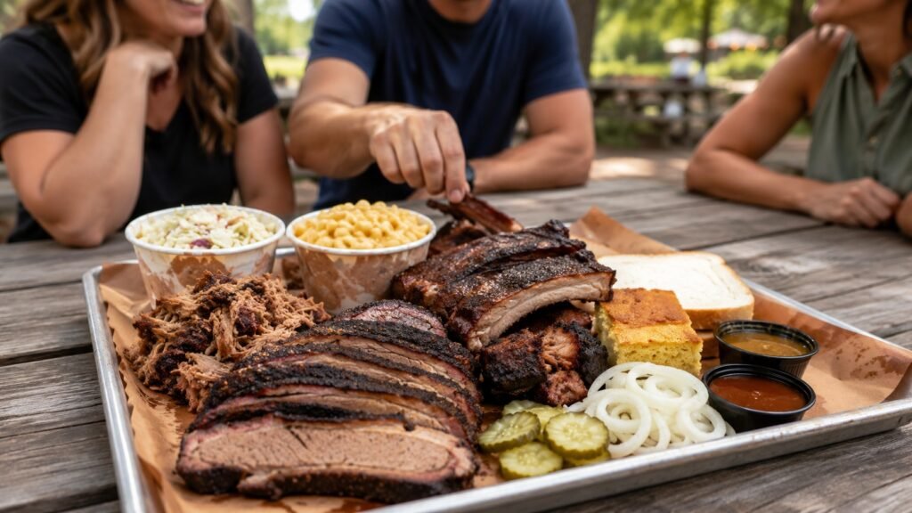 Barbecue platter with smoked brisket, ribs, pulled pork, mac and cheese, coleslaw, cornbread, pickles, and onions at an outdoor picnic table in Southwest Michigan.