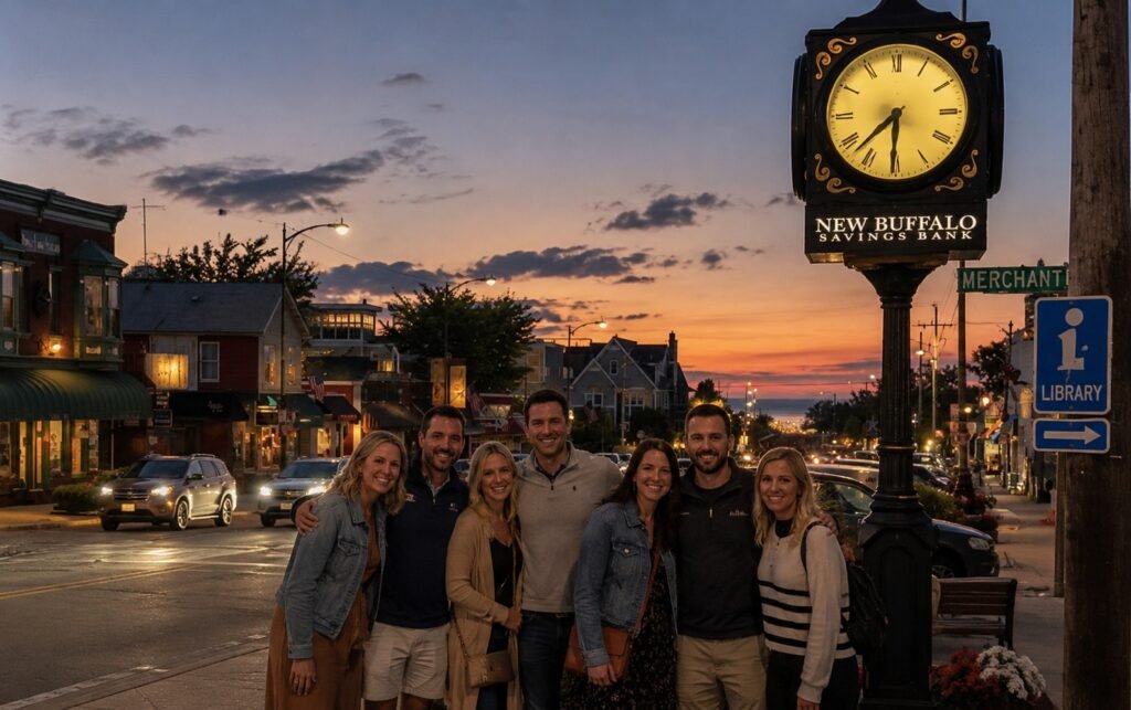Group of friends posing near the New Buffalo Savings Bank clock in downtown New Buffalo Michigan at dusk