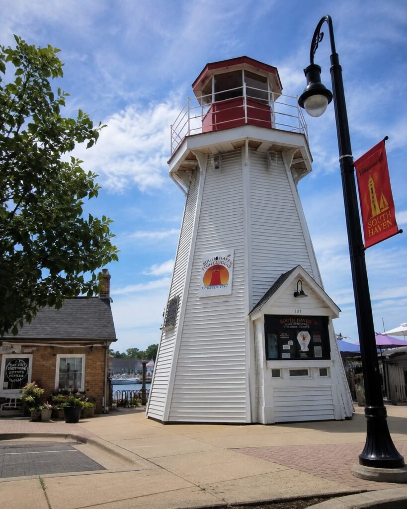 Street-level view looking up at the lighthouse in downtown South Haven, Michigan