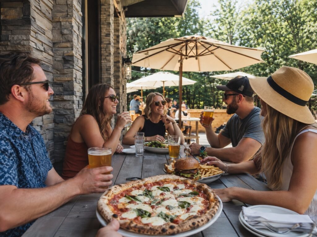Friends enjoying wood-fired pizza, burgers, fries, and craft beer on a sunny restaurant patio in Bridgman, Michigan.