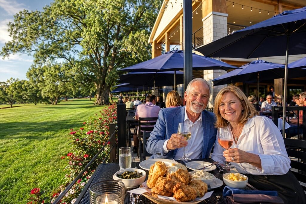 Older couple enjoying dinner on an outdoor patio in Saugatuck, Michigan one of the best Saugatuck Michigan restaurants