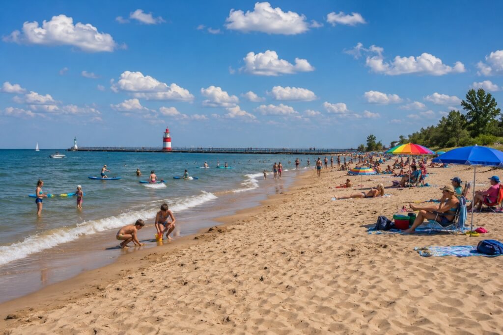 Families enjoying the beach and Lake Michigan waterfront in Saint Joseph, Michigan, with the pier and lighthouse in the distance.
