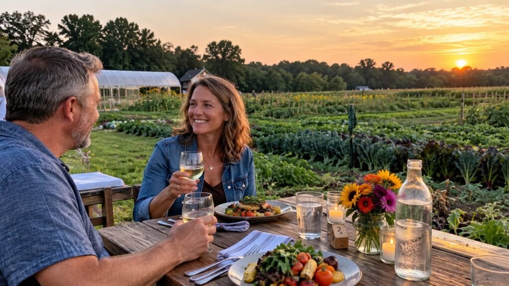 Couple enjoying a farm-to-table dinner beside vegetable fields in Southwest Michigan