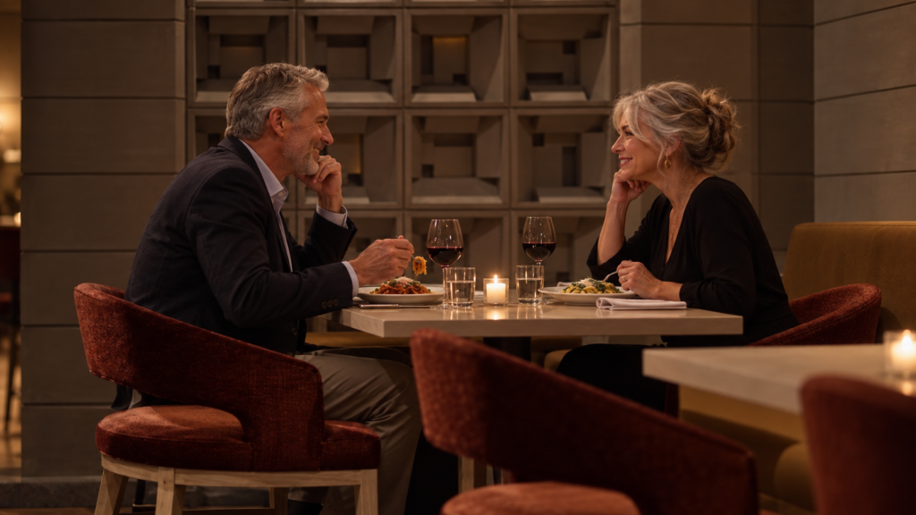 Older couple enjoying pasta and red wine at a romantic Southwest Michigan restaurant